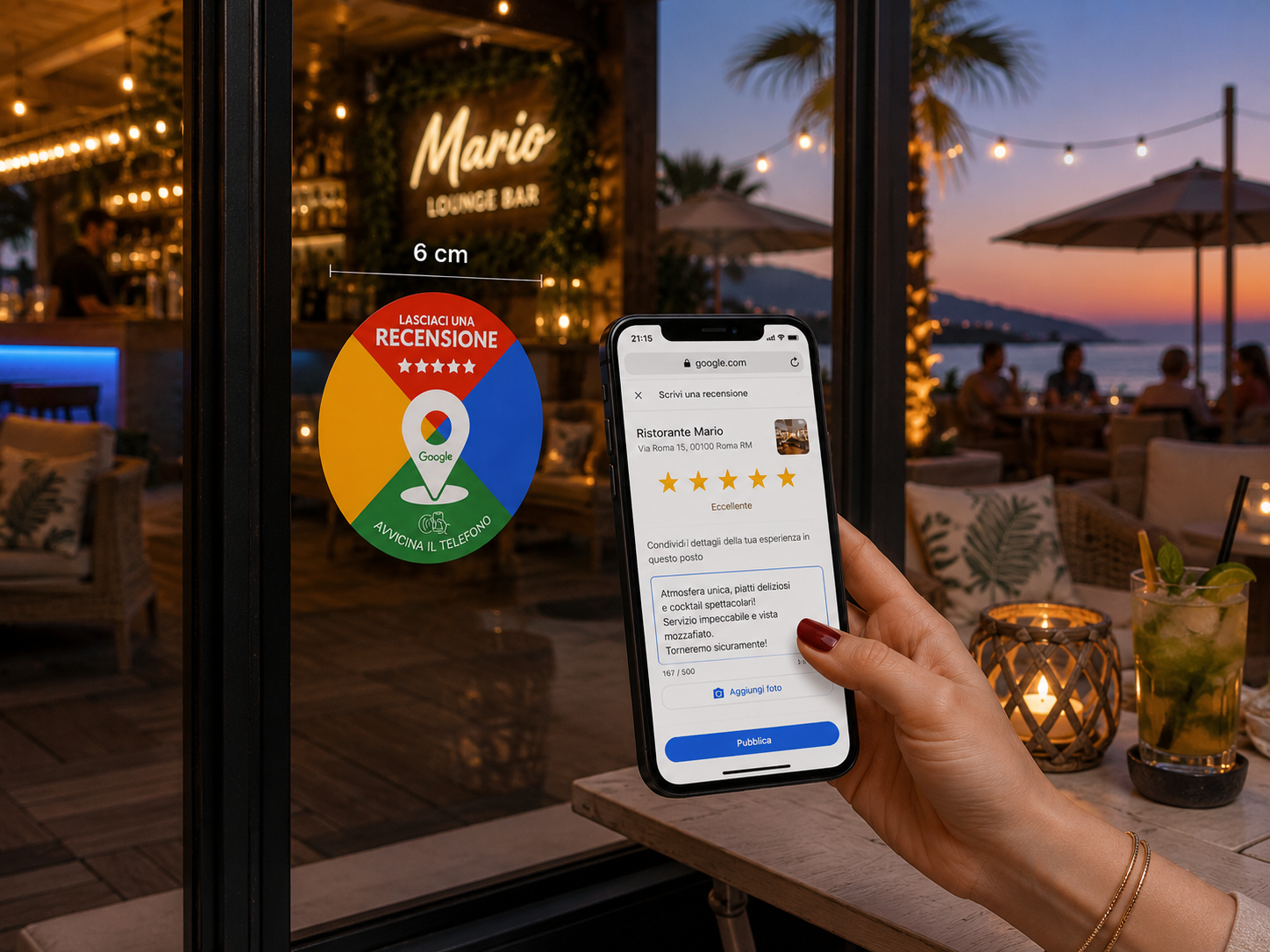Lounge bar: sticker Google Reviews sulla porta d'ingresso