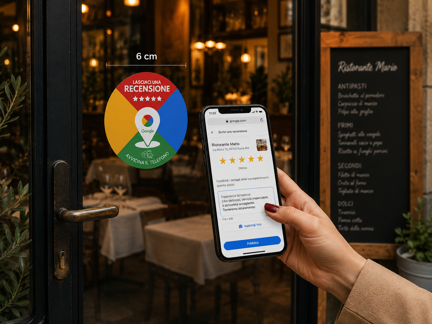 Ristorante: porta con sticker Google Reviews, cliente con telefono