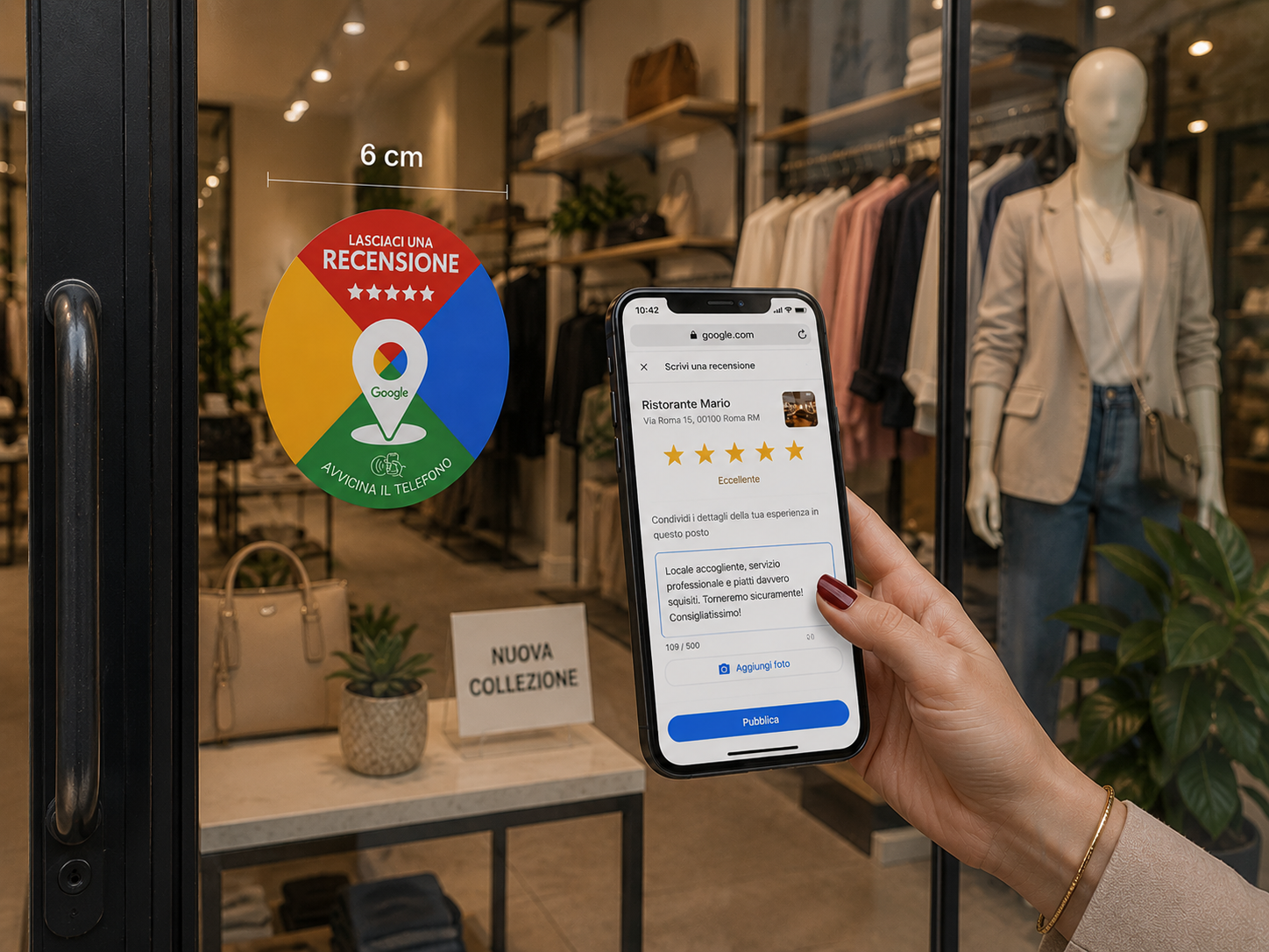 Negozio: porta vetro con sticker Google Reviews