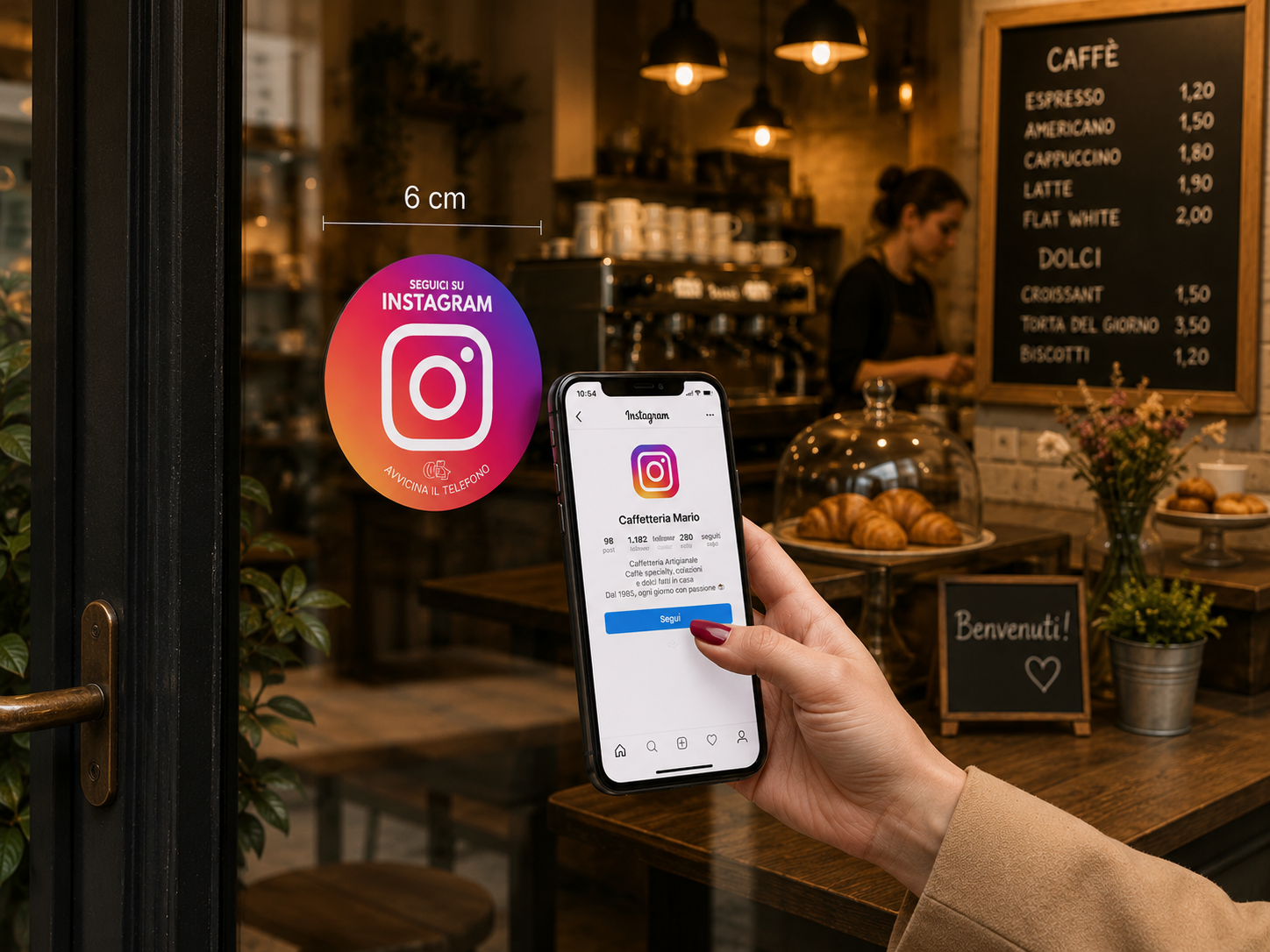 Caffetteria: bancone con sticker Instagram, cliente guarda il profilo sul telefono