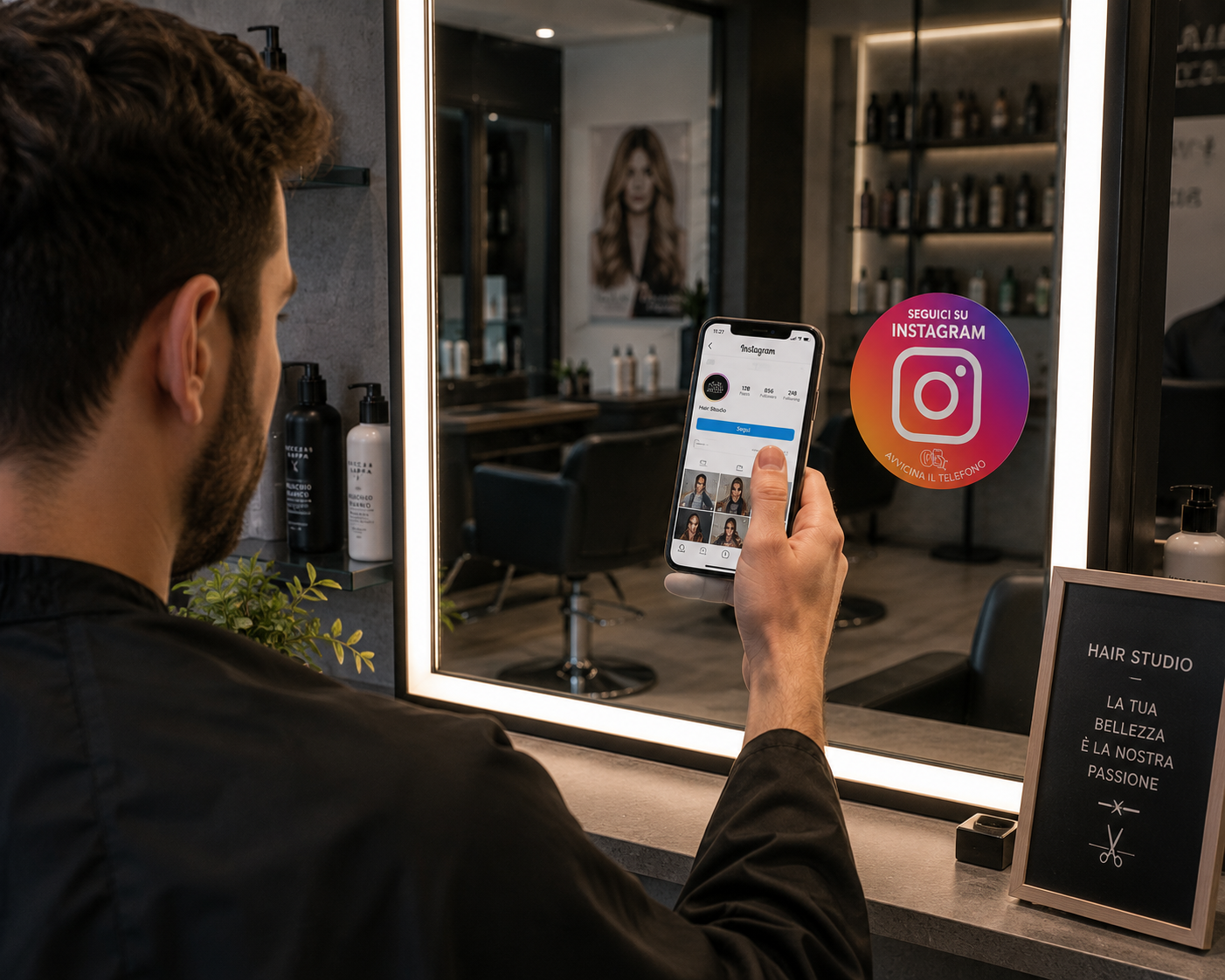 Parrucchiere: sticker Instagram sullo specchio, cliente con telefono