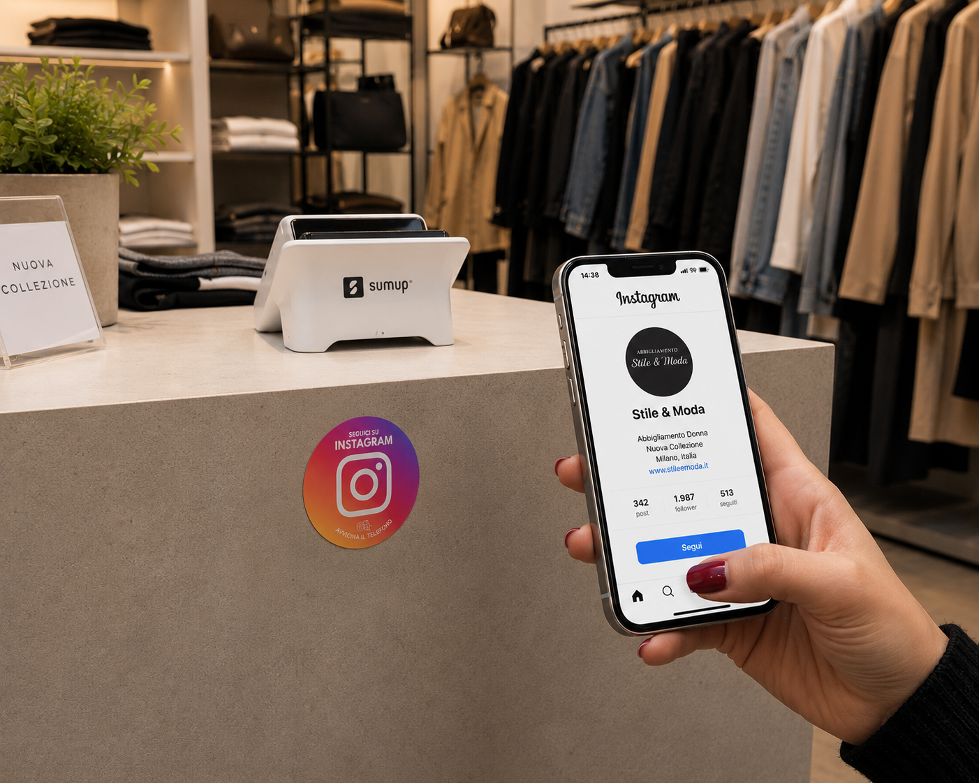Boutique: sticker Instagram sulla porta, cliente con telefono